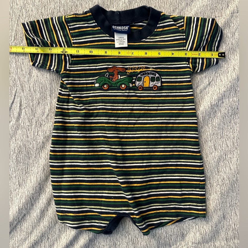 Vintage Stripped Osh Kosh Baby Romper Size 12 Months “Let’s Go” RV And Dog